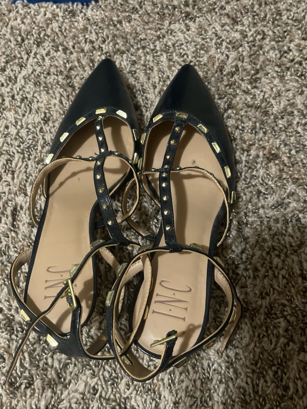 INC International Concepts Black Pointed T-Strap Flats with Gold Studs